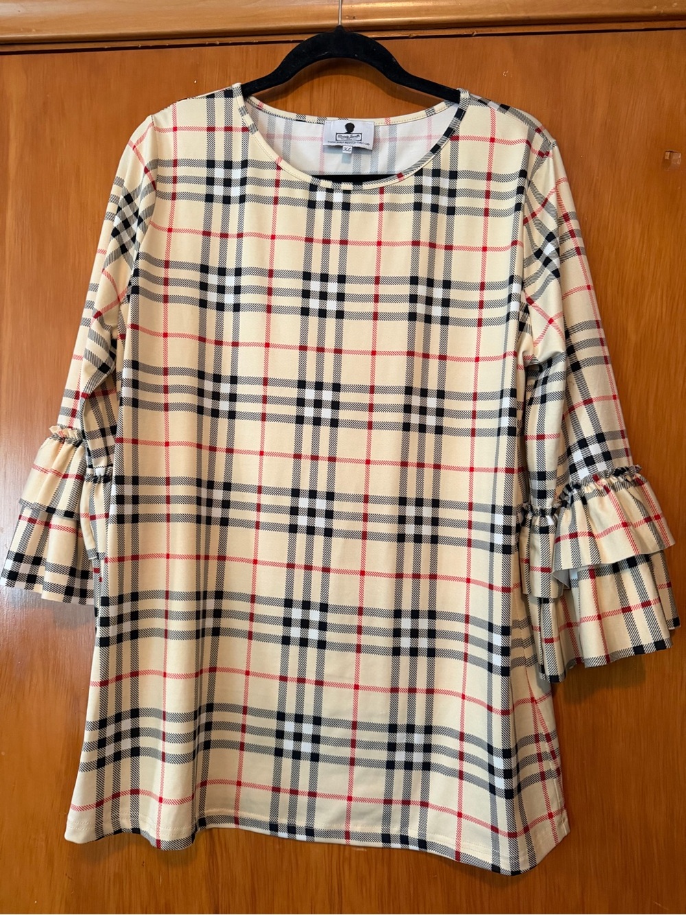 Dainty Jewells Beige Plaid Ruffle-Sleeve Blouse